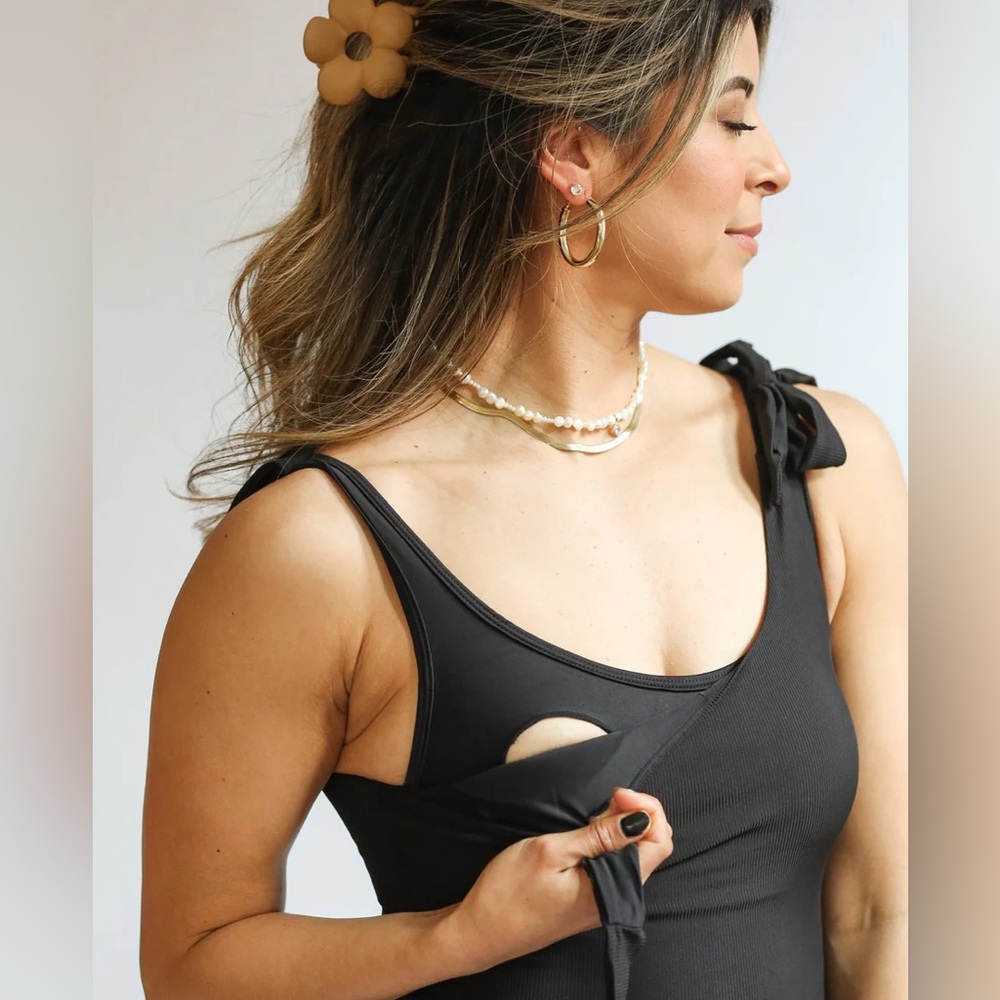 Black Ribbed Tie Strap Nursing Swimsuit Postpartum MoveMama - Picture 4 of 7